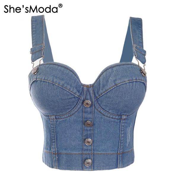 she'smoda denim jeans scratched women's button diamonds ripped push up bustier night club party crop 2020 new corset camise lj2008, White